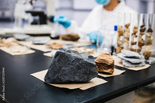 Картината върху платно Dark rock sample on a laboratory table with layered stone specimens, jars, and a scientist in protective clothing studying geological materials