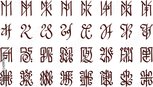 Set of intricate mystical symbols and ancient runic characters arranged in a grid on a white background