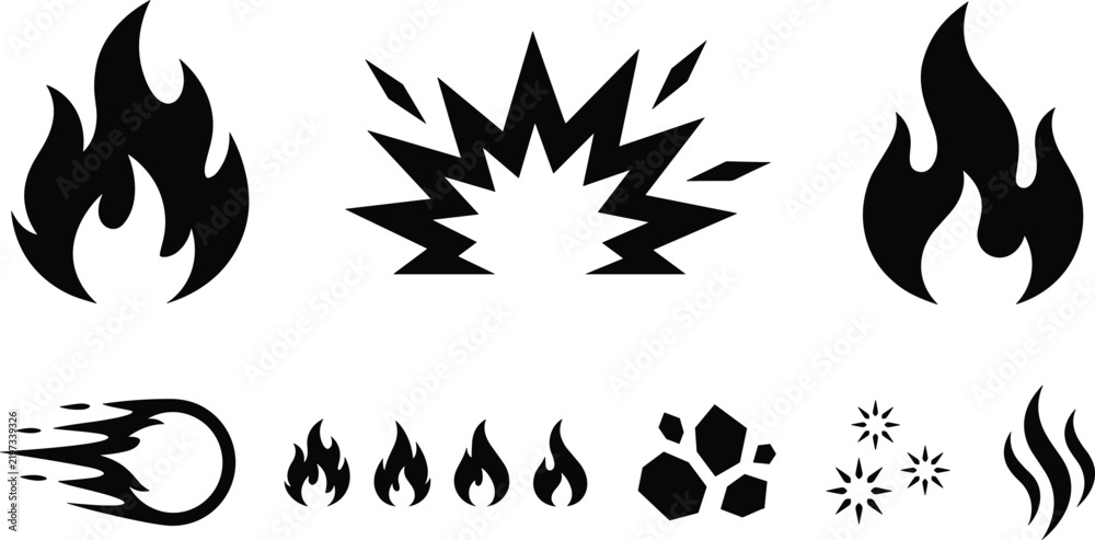 Fototapeta premium Fire and Explosion Effect Icon Set Featuring Flames, Burst, Fire Trail, Small Fire Symbols, Sparks, Smoke and Heat Effects