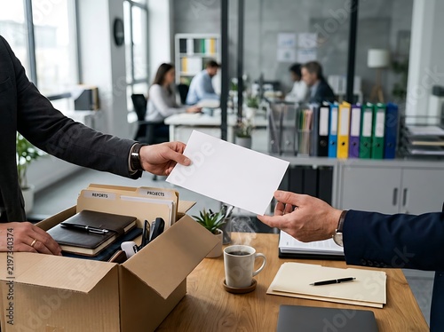 A professional office scene showing a person handing a resignation letter to a colleague while holding a cardboard box filled with personal belongings