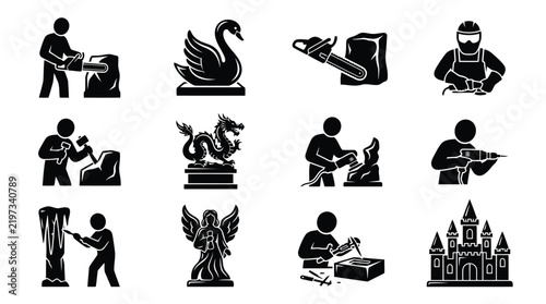 Set of stone carving and sculpture process icons in black vector graphics isolated on white background