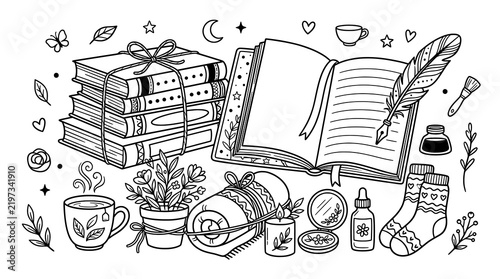 Selfcare doodles with journal feather quill and stack of books
