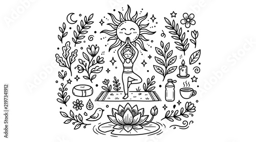 Black and White Wellness Doodle Art with Yoga Pose