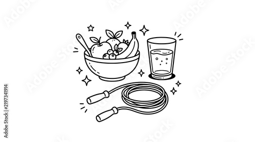 Minimalist Self Care Doodles Featuring Fruit Water and Exercise