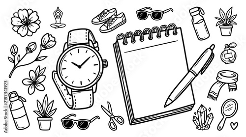 Fashion and wellness doodle set with wristwatch and notepad