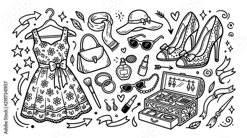 Doodle Art Fashion Illustration Bundle in Black and White Vector