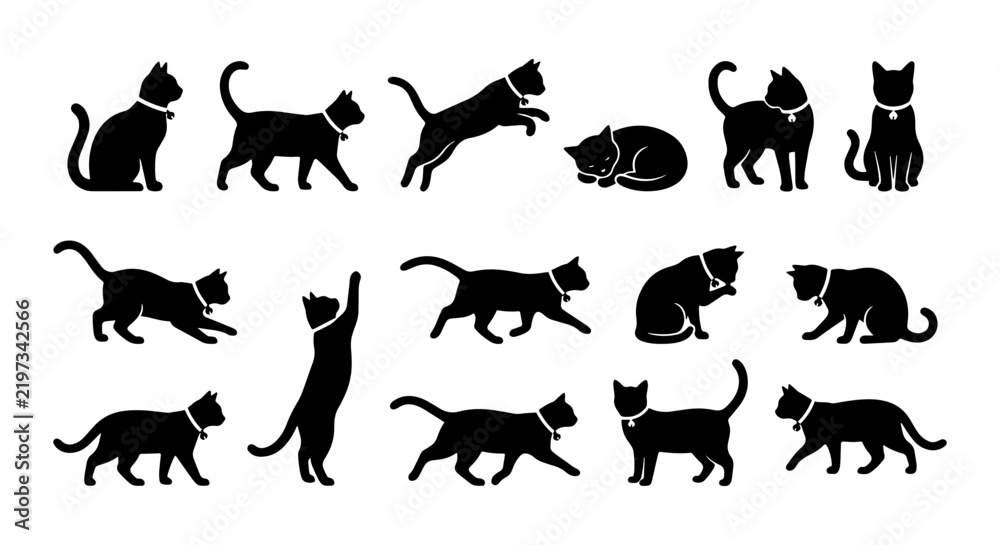 Fototapeta premium Black Cat Silhouettes Vector Pack: Playful Poses, Elegant Forms, Domestic Feline Collection