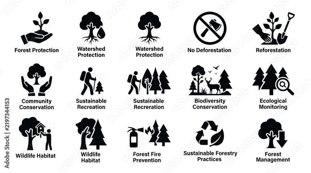 Obraz premium Set of Forestry and Environmental Protection Black Icons illustration isolated on white background
