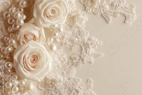 Elegant Bridal Lace Wedding Background with Pearls, Roses and Ivory Copy Space