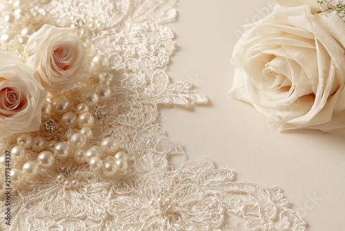 Elegant Bridal Lace Wedding Background with Pearls, Roses and Ivory Copy Space