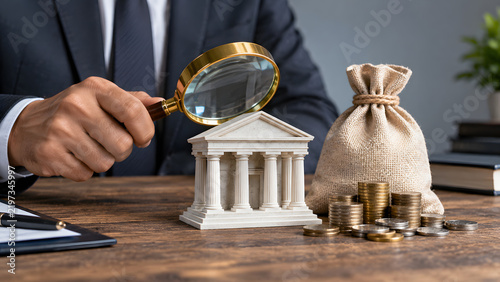 Financial oversight investigation with bank model and magnifying glass