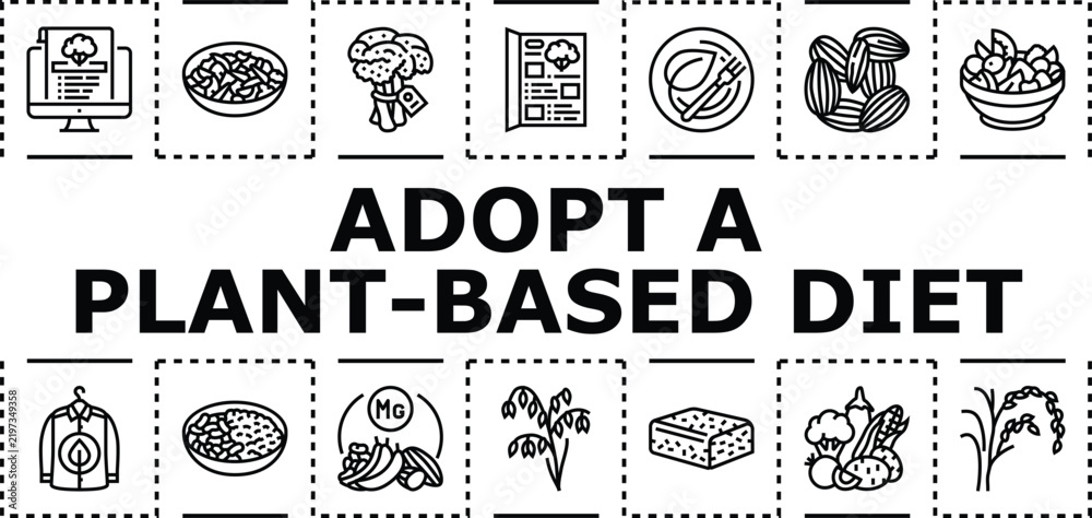 Obraz premium Adopt a plant-based diet banner infographic. Ethics vegetarian, grains wellness, legumes environment icon vector illustration