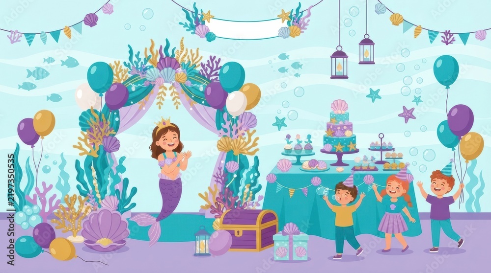 Fototapeta premium Kids celebrate with a colorful cake and balloons at a birthday party, surrounded by decorations. They are having fun in a lively atmosphere.