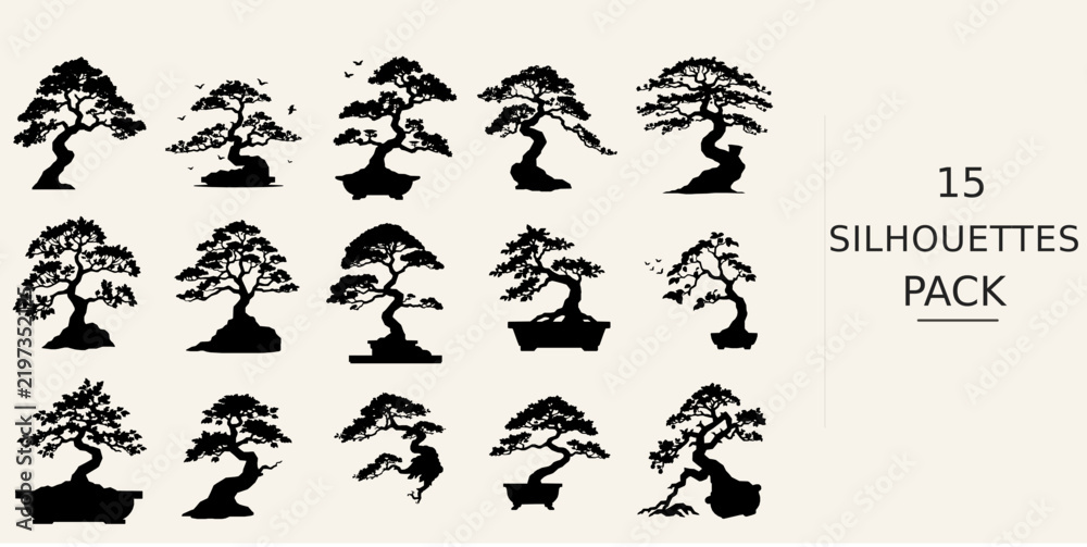 Fototapeta premium Bonsai Tree Silhouette - Fine Detail Paper Cut Silhouette Style Black Vector Clipart on White Background