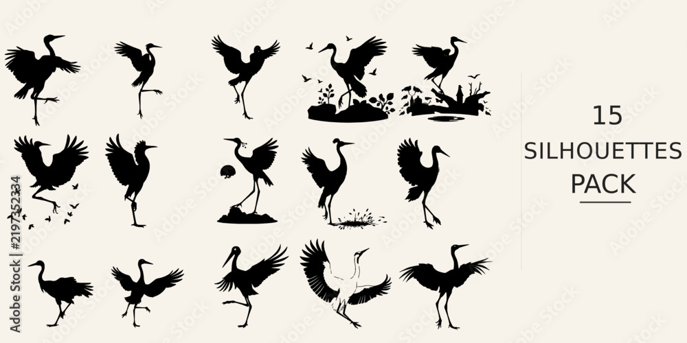 Obraz premium Crane Bird Dancing Silhouette - Clean Cut Shape Editable Vector Silhouette Black Vector Clipart on White Background