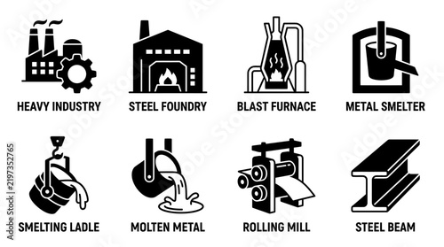 Heavy industry and metal smelting manufacturing icons with industry smelting manufacturing production engineering processing industrial metallurgy construction metalwork technology material