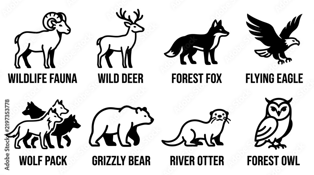 Fototapeta premium Wildlife animal icon set including bear eagle deer wolf and other forest animals with wildlife wilderness predator illustration collection silhouette minimalist creature adventure outdoors