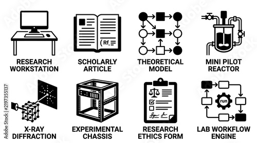 Collection of black and white scientific research and workstation icon symbols for laboratory concepts with research workstation scholarly theoretical diffraction experimental workflow isolated