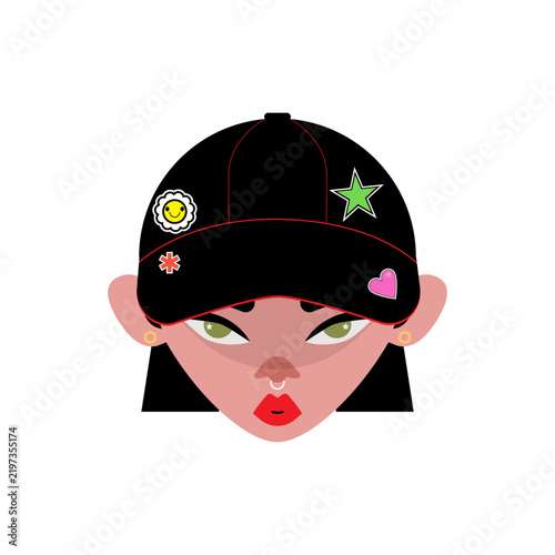 Stylish young woman in black beanie with colorful stickers. Vector illustration