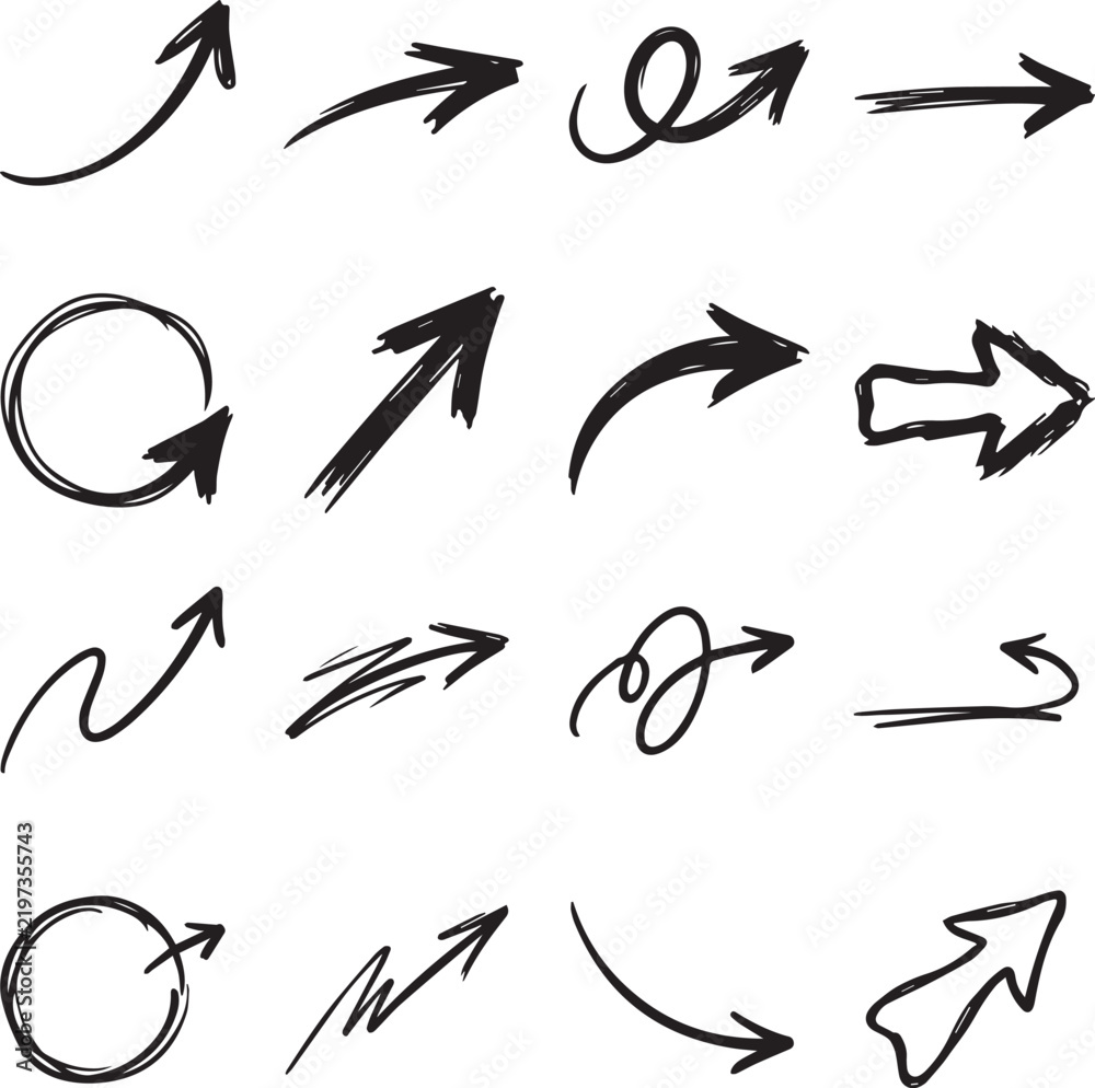 Fototapeta premium Hand-Drawn Doodle Arrow Vector Set: Sketchy Directional Pointers and Circular Elements