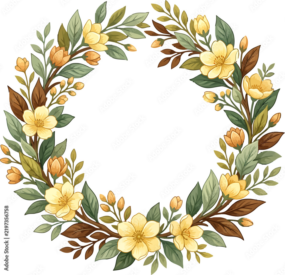 Obraz premium Yellow floral wreath vector illustration with green leaves and blossoms for wedding invitation frame design