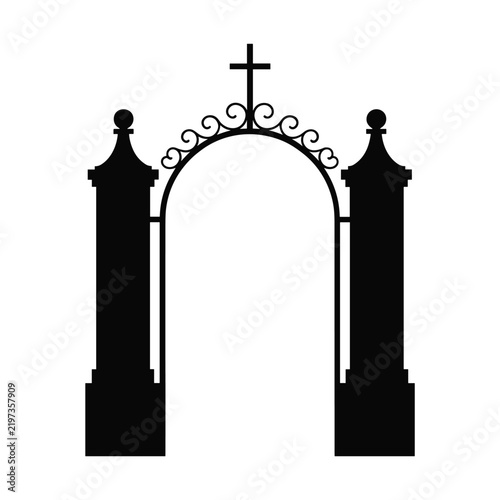 Decorative wrought iron cemetery gate silhouette with cross finial and stone column details