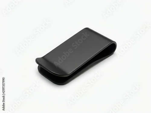 A simple black metal money clip for holding cash and cards isolated on a white background