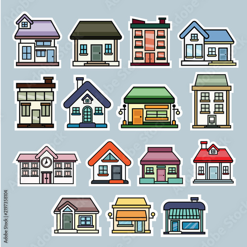 Cute variety of house and building stickers bundle vector