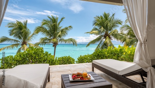 Tropical View From a Resort Room With a Platter of Fruit and a Drink During t...