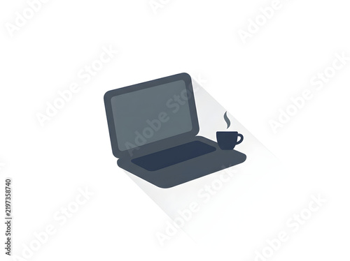 Dark gray color laptop with black steaming coffee cup on isolated background flat design.