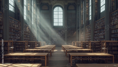 Sunlight Filters Into a Large Library With Tall Bookshelves and Wooden Tables