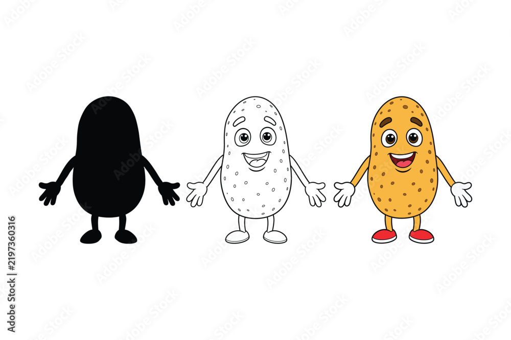Obraz premium Cartoon potato character in silhouette, line art, and full color versions