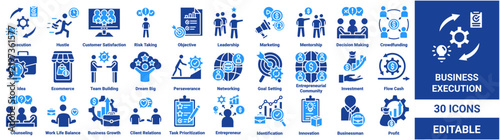 Business execution icon set. Collection of execution, hustle, leadership, investment, entrepreneur, business growth, and profit icons. Editable vector collection. 