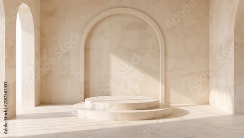 Minimalist Interior Space With a Round Platform and Arched Openings