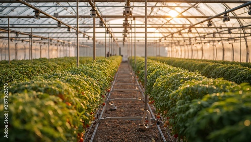 Greenhouse With Rows of Tomato Plants Under Warm Sunlight in the Evening