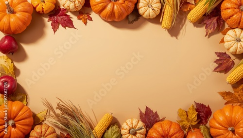 Autumn Harvest Display With Pumpkins, Apples, and Corn on a Simple Background