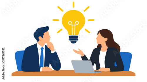 Businessman and businesswoman sitting at office desk with laptop contemplating giant glowing yellow lightbulb, creative brainstorming and smart idea generation vector illustration on white