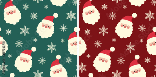 Fotografie Seamless Christmas pattern with cute Santa Claus faces and snowflakes in vector
