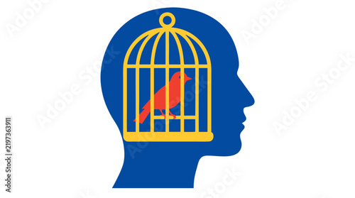 Blue silhouette profile of human head containing yellow birdcage with red bird trapped inside bars, comfort zone psychological limitation and mental prison vector illustration on white