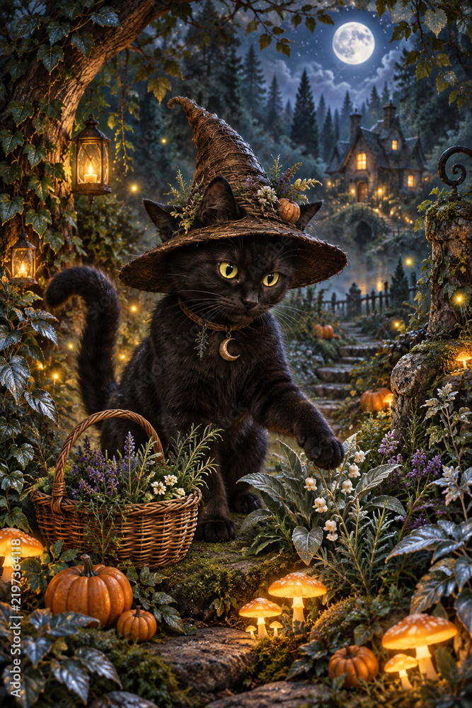 Fototapeta premium Black witch cat gathering magical herbs in moonlit garden 