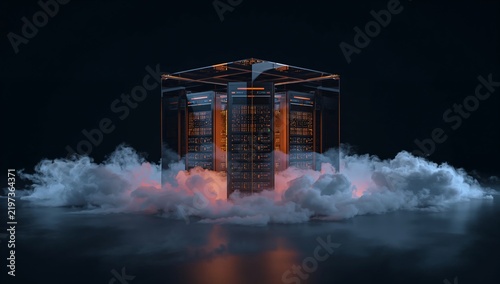 Modern Server Rack Surrounded by Glowing Fog in a Dark Environment