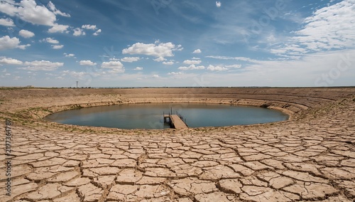 Dried Lake Bed With a Small Body of Water Surrounded by Cracked Earth Under a...