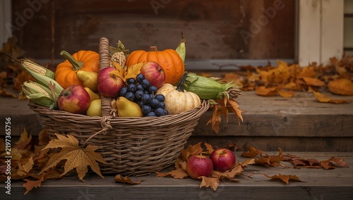 Harvest Display With a Basket of Fruits and Pumpkins on a Wooden Porch in Autumn