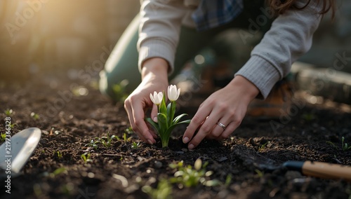 Gardening Activity in Spring With a Person Planting White Tulips in the Ground