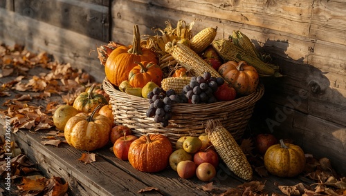 Basket of Pumpkins and Fruits Placed on Wooden Surface With Fall Leaves Around