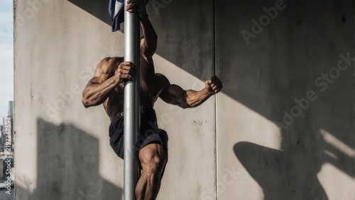Muscular man performing impressive pole fitness routine outdoors.