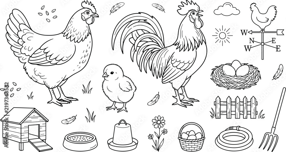 Obraz premium Chicken farm vector outline icon set with hen rooster baby chick coop nest eggs fence and weather vane