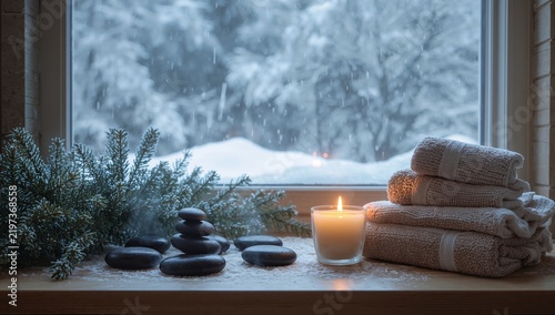 Winter Setting With Stones, Candle, and Towels Near a Snowy Window