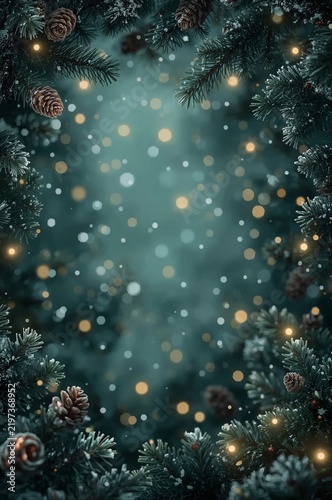 Festive Winter Scene With Pine Branches and Lights During the Holiday Season