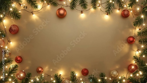 Christmas Decoration With Lights and Ornaments on a Beige Background